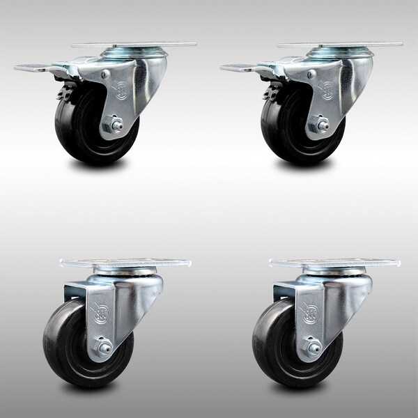 3 Inch SS Hard Rubber Wheel Swivel Top Plate Caster Total Lock Brakes SCC, 2PK